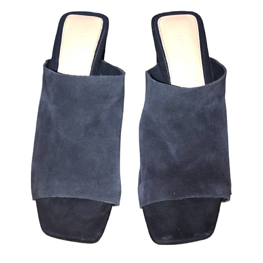 ZARA WOMAN Mule Heels Women's Size 6.5 Blue Square Toe Slip On  Faux Suede